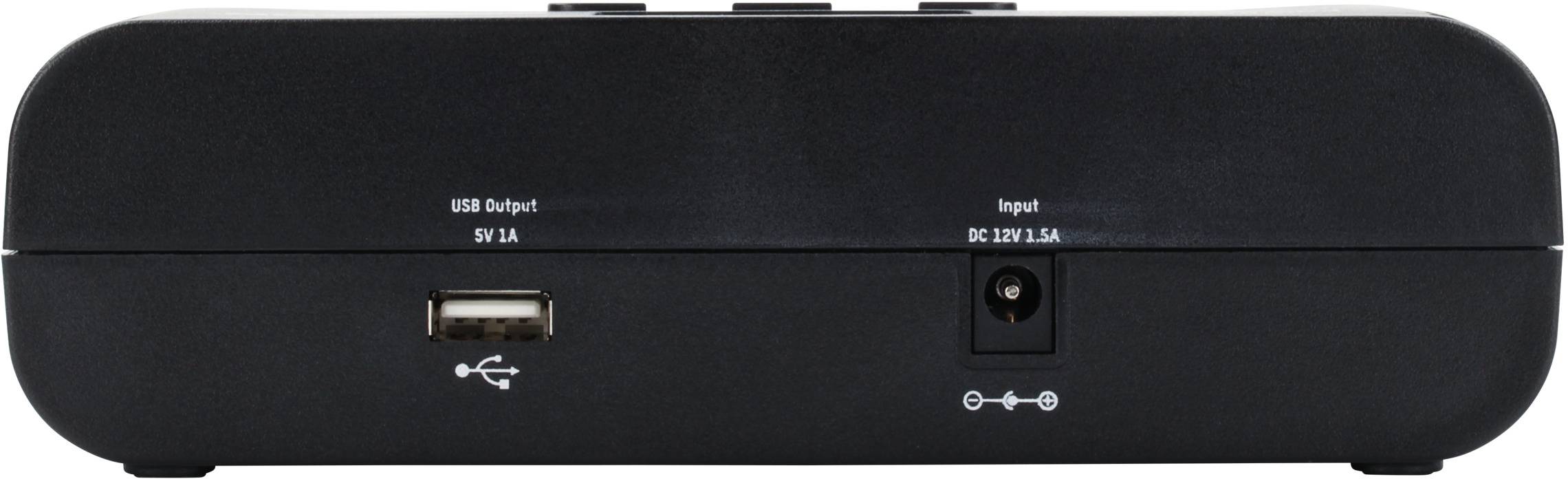 Rückansicht eines schwarzen Geräts mit USB-Anschluss, Stromanschluss (DC IN 3A), und Symbolen für Stromversorgung.