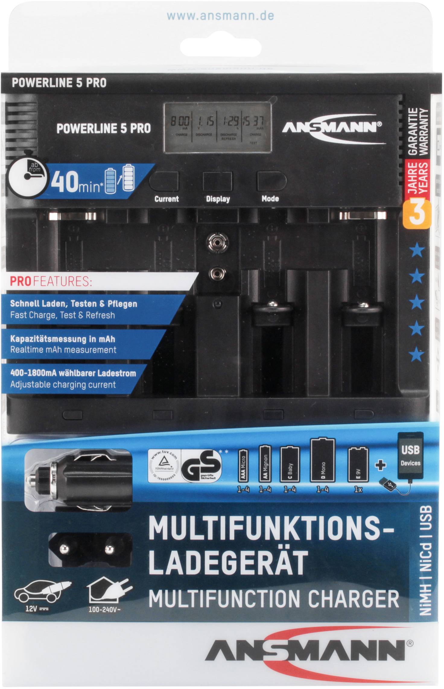 'Multifunktions-Ladegerät' Verpackung zeigt Ladeschacht für AA/AAA-Batterien und USB-Anschluss. Enthält Ladeinformationen und Logo.