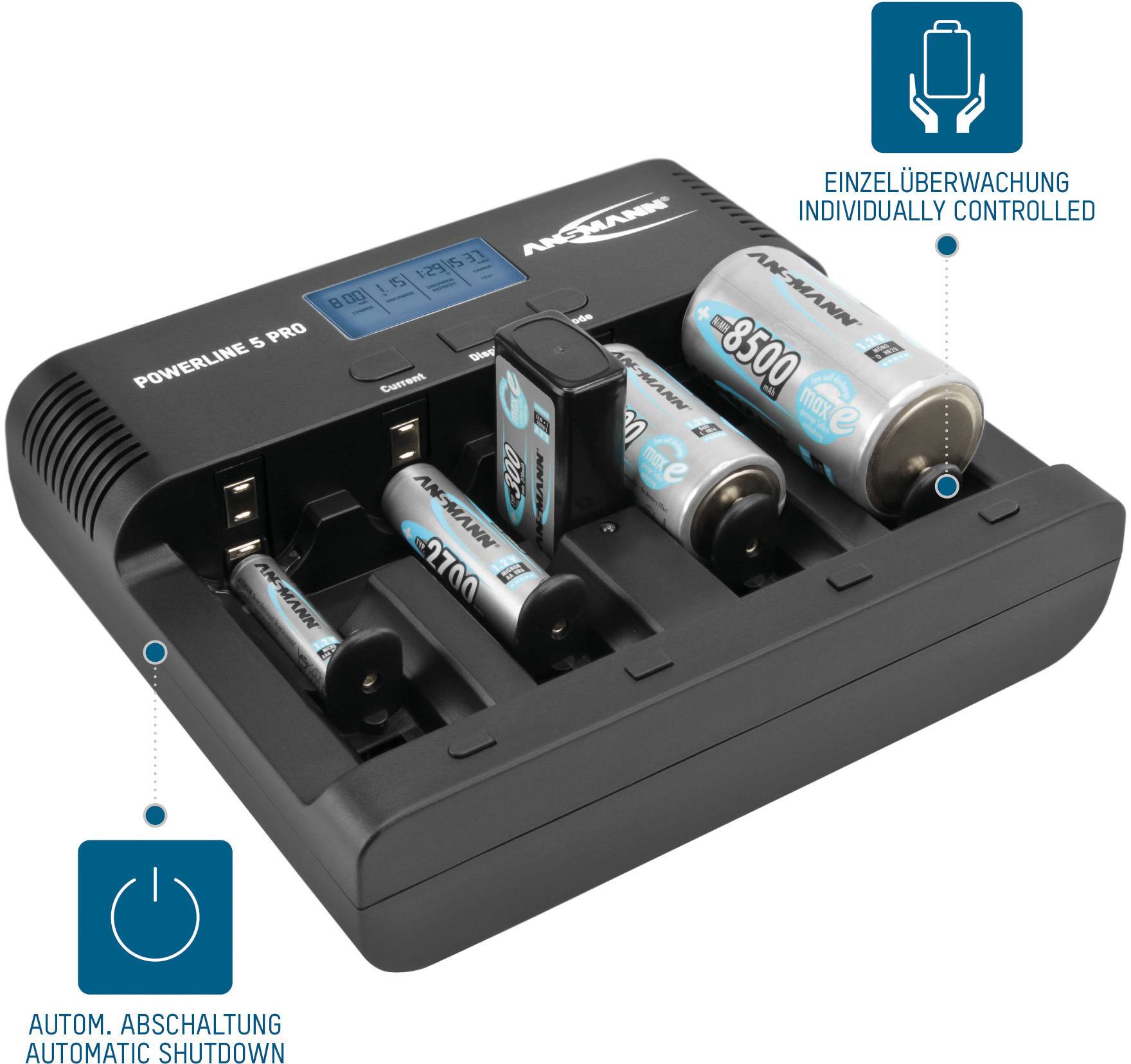Ansmann Powerline 5 Pro Rundzellen-Ladegerät NiCd, NiMH Micro (AAA), Mignon (AA), Baby (C), Mono (D), 9 V Block