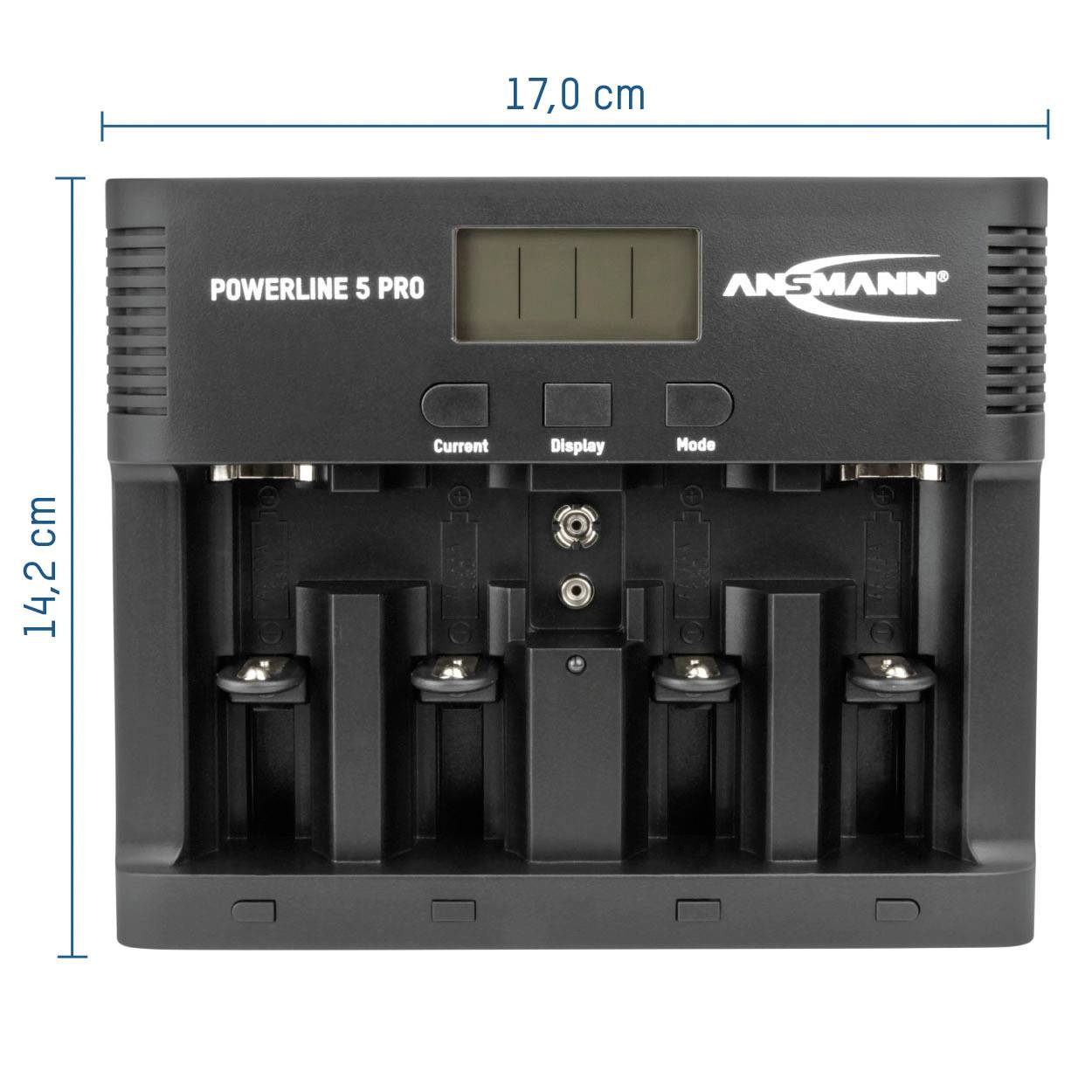 Ladegerät 'Powerline 5 Pro' mit LCD-Display, vier Ladeschächten und Bedientasten, 17 cm x 14,2 cm.