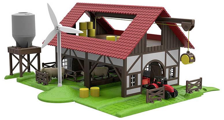 Ein Spielzeug-Bauernhof-Set mit einer Scheune mit rotem Dach, einer Windmühle, einem Silo und einem Spielzeug-Traktor. Enthält Heuballen, Schafe und eine Kuh in dem eingezäunten Bereich.