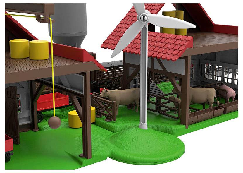 Zwei Scheunen mit einer Kuh, einem Schwein und einer Windkraftanlage zwischen ihnen. Gelbe Silos und rote Dächer sind sichtbar und schaffen eine Farmszene.