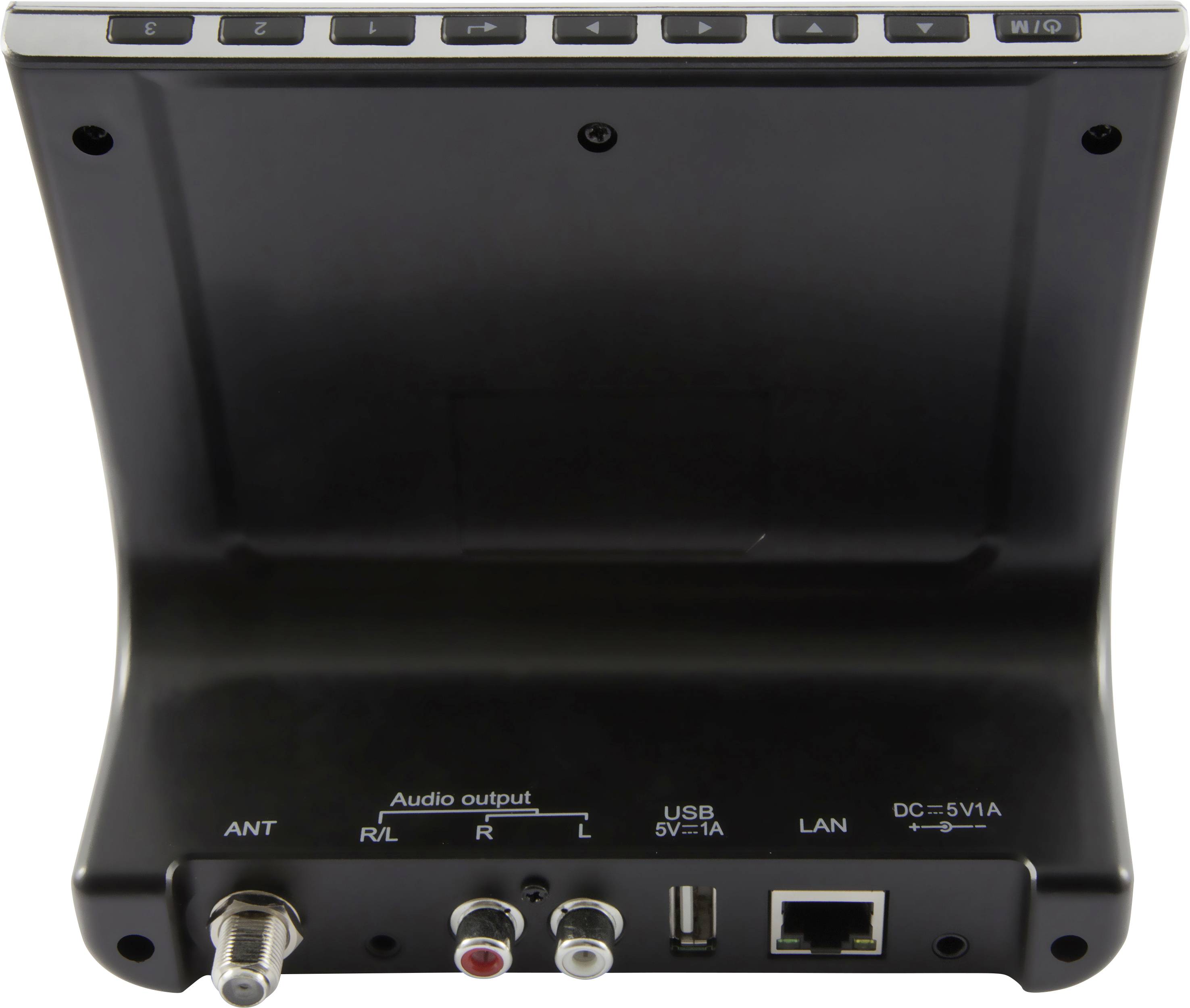 Rückseite eines elektronischen Geräts mit Anschlüssen: Antenne, Audio-Ausgänge, USB, LAN und Stromversorgung. Tasten oben sichtbar.