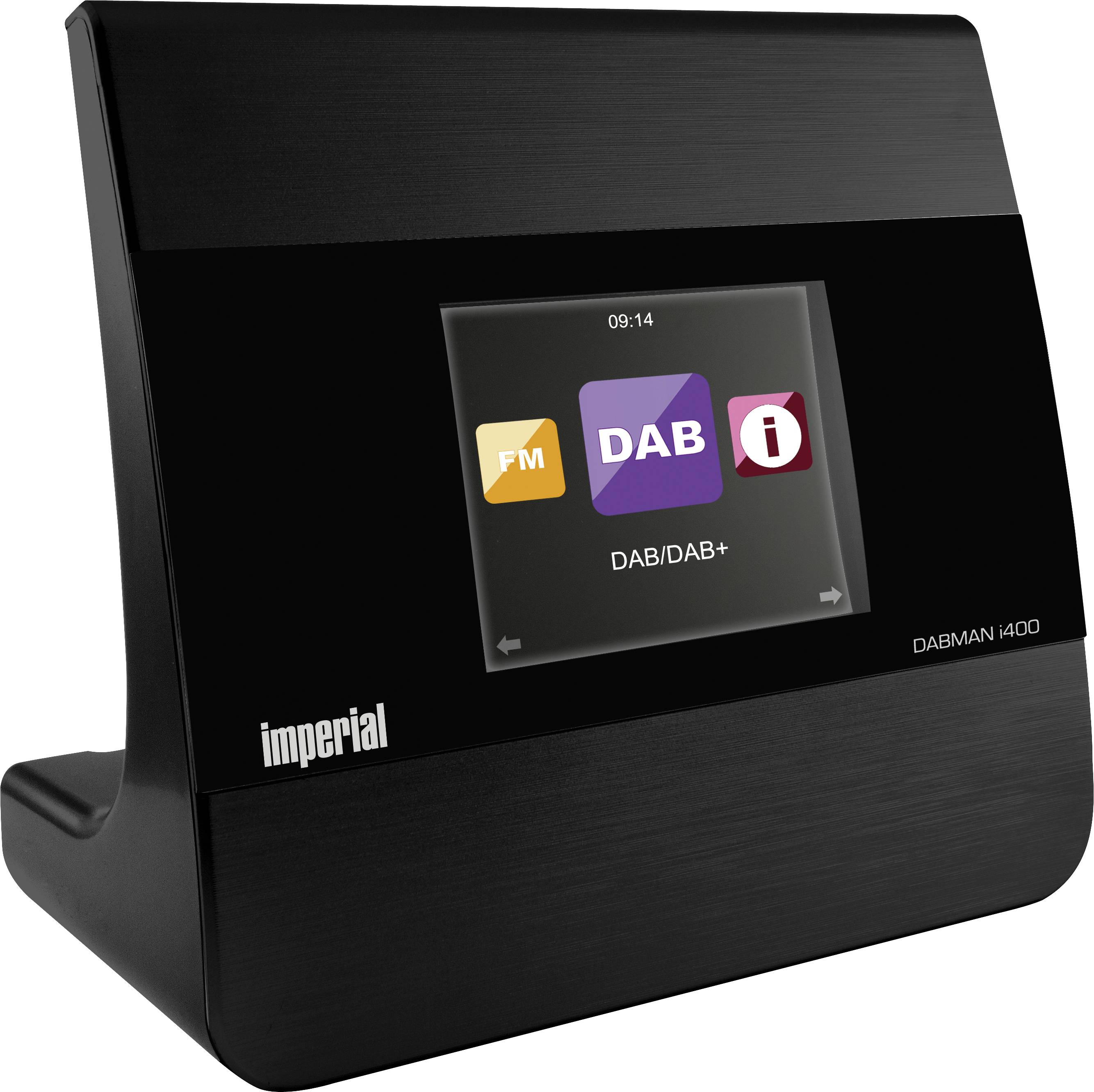 Ein digitales Radio mit Bildschirm zeigt Symbole für FM, DAB/DAB+, und Informationen an. Marke 'imperial', Modell 'DABMAN i400'.