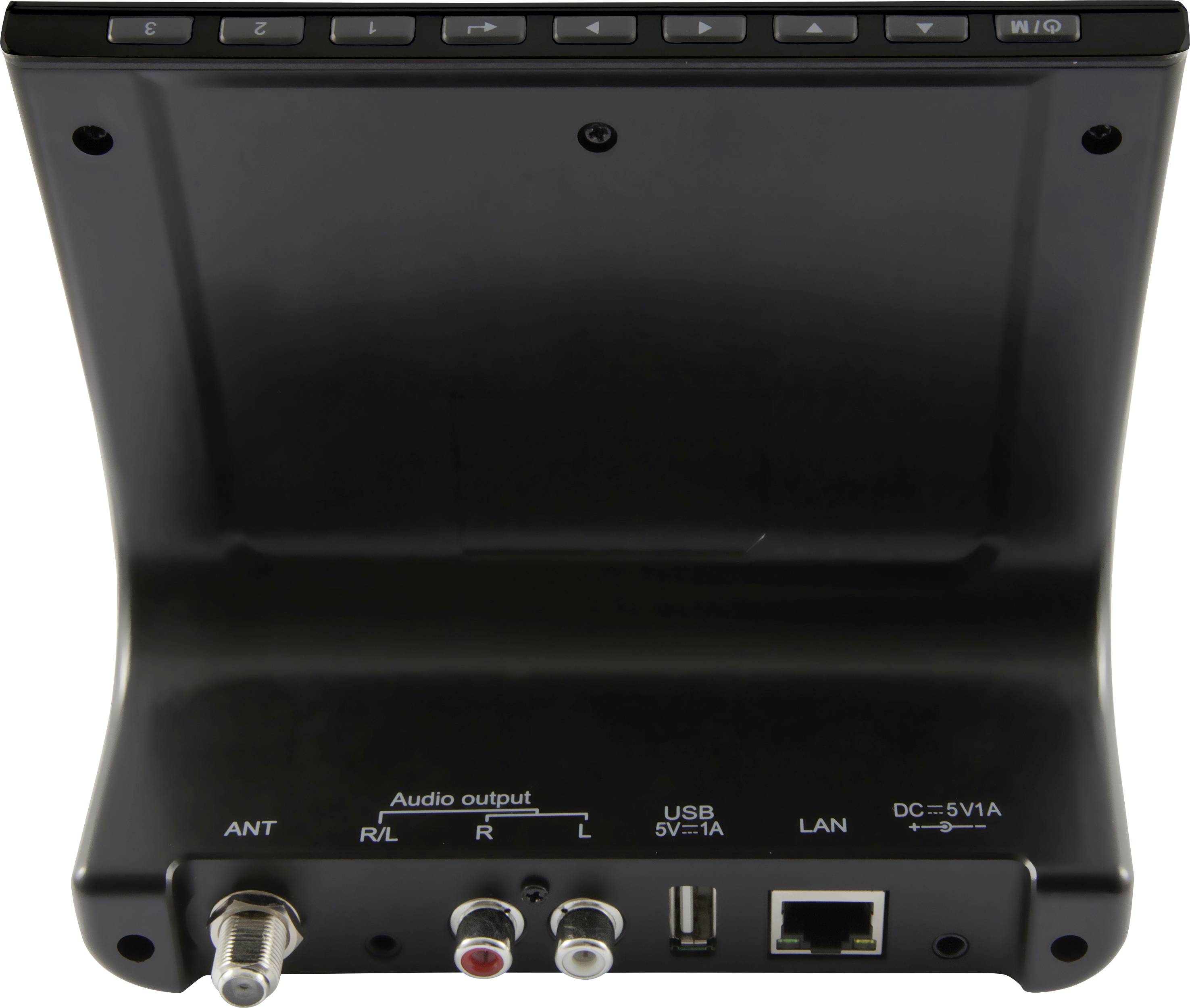 Ein schwarzer Digitalreceiver mit mehreren Anschlüssen: ANT, Audioausgänge (R/L), USB, LAN und Stromanschluss (DC 5V 1A). Oben sind Steuerungstasten.