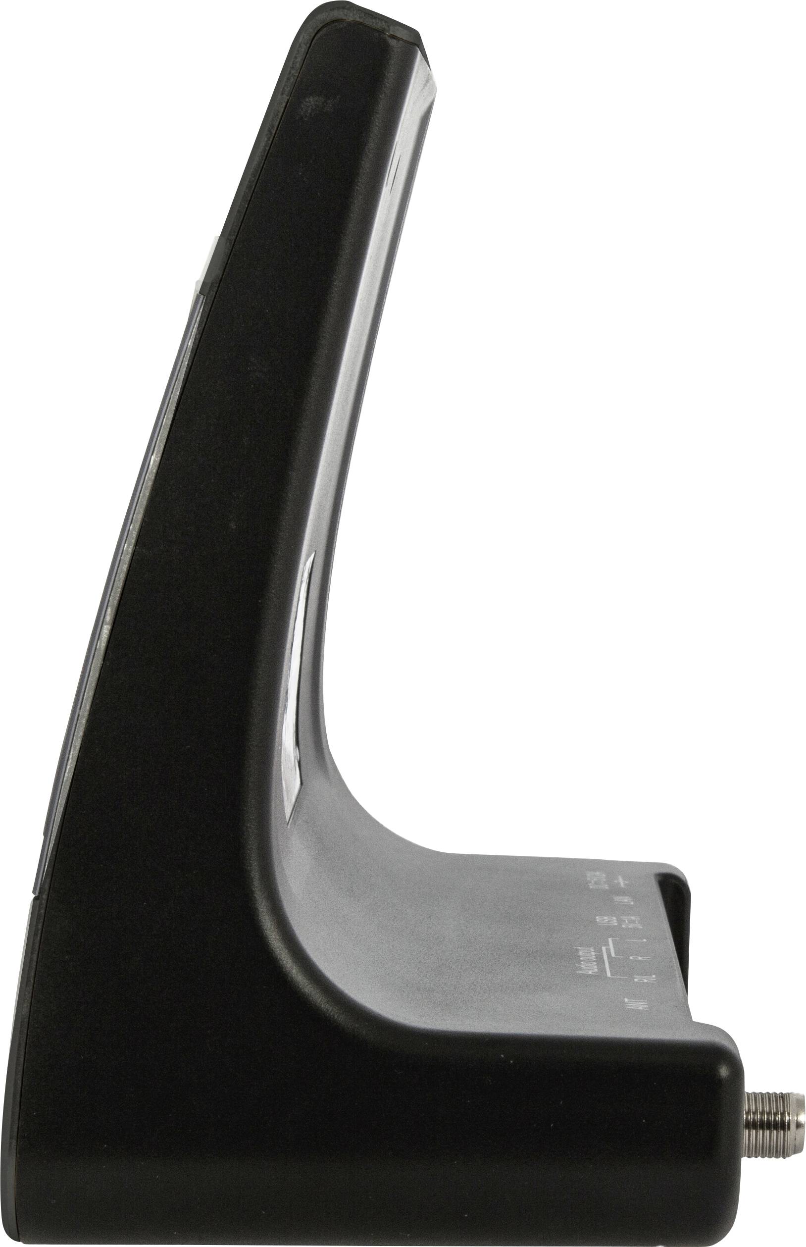 Ein schwarzes Gerät in Seitenansicht, vermutlich ein elektronisches Lade- oder Dockinggerät, mit glatter Oberfläche und abgerundeten Kanten.