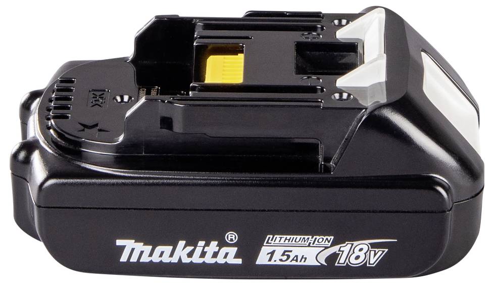 Makita 18V 1,5Ah Lithium-Ionen-Akku für kabellose Elektrowerkzeuge. Schwarzes Gehäuse mit weißen und gelben Details.