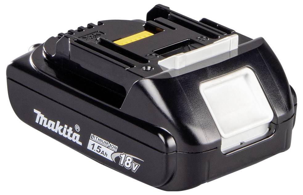 Ein schwarzer 18V 1,5Ah Makita Lithium-Ionen-Akkupack, der für Elektrowerkzeuge verwendet wird und eine Schiebe-Befestigungsart für eine sichere Anbringung aufweist.