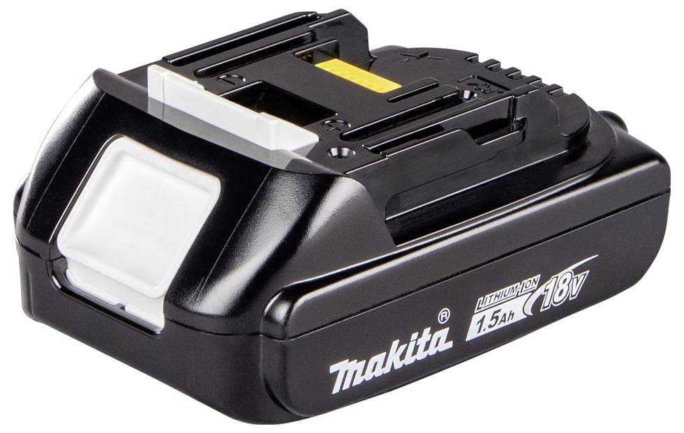 Ein schwarzer Makita 18V Lithium-Ionen-Akku mit 1,5Ah und Anschlussslots für Elektrowerkzeuge.
