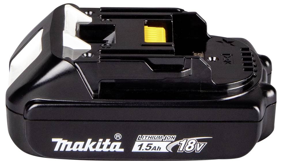 Eine schwarze Makita 18V Lithium-Ionen-Batterie mit einem gelben Ladeanschluss, beschriftet mit '1.5Ah'.