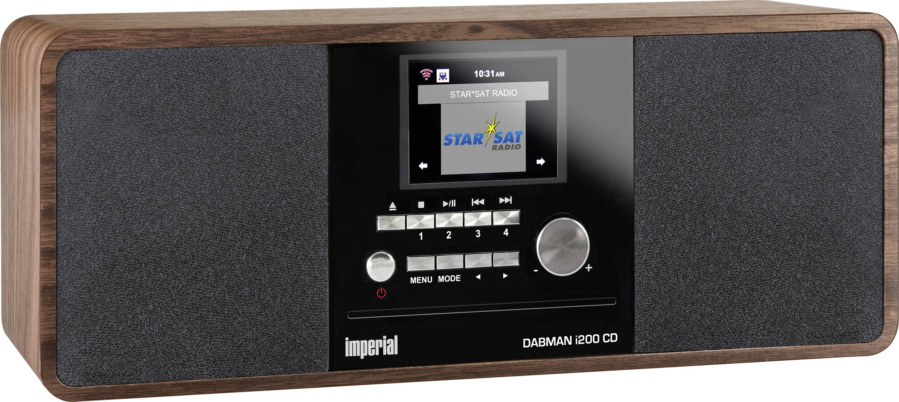 Holzradio mit schwarzer Front, Display zeigt 'Star Sat Radio'. Steuerknöpfe und Lautsprecher sichtbar.
