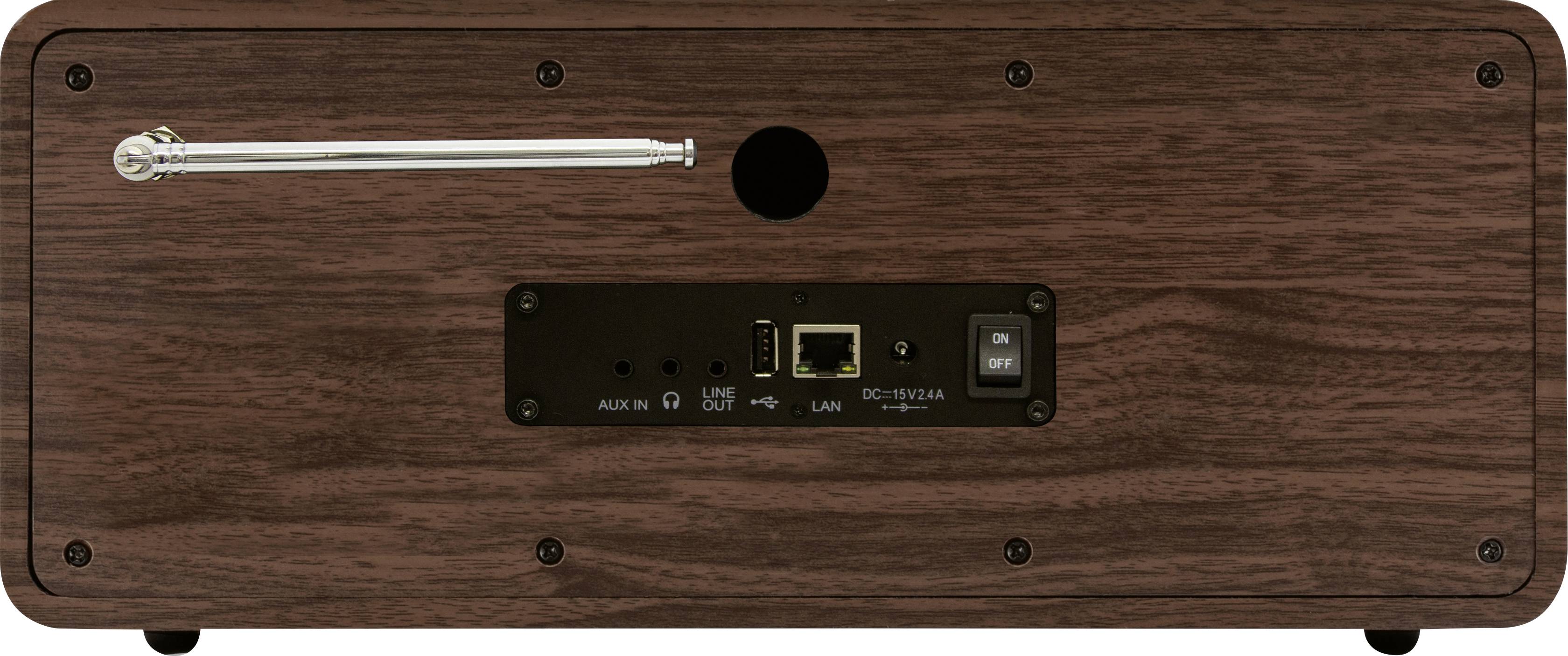 Holzlautsprecher-Rückseite mit Teleskopantenne, Anschlüssen für AUX, USB, LAN, DC 12V und Netzschalter.