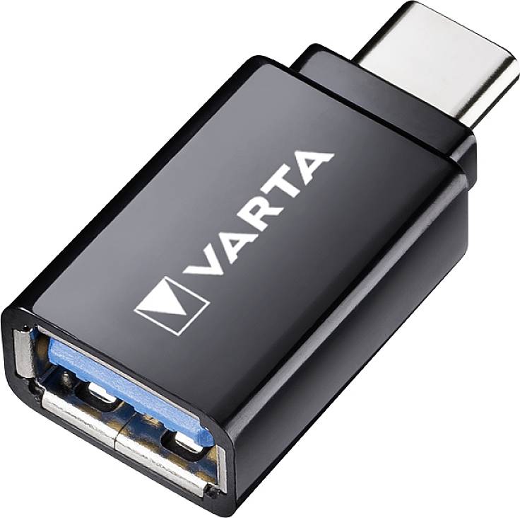 Ein USB-C-Adapter mit 'VARTA'-Logo, schwarz, geeignet zum Anschluss von USB-A-Geräten an USB-C-Ports. Ideal für Datenübertragungen.