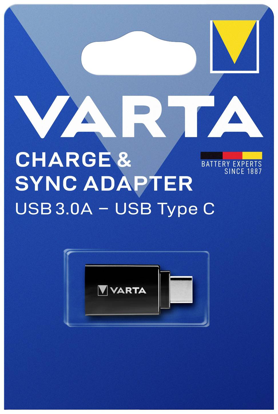 Auf der Verpackung steht: 'VARTA Charge & Sync Adapter USB 3.0A – USB Type C'. Enthält einen Adapter und das VARTA-Logo.