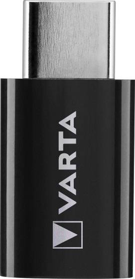 Schwarzer USB-C-Adapter mit der Aufschrift 'VARTA', runder Metallstecker oben.