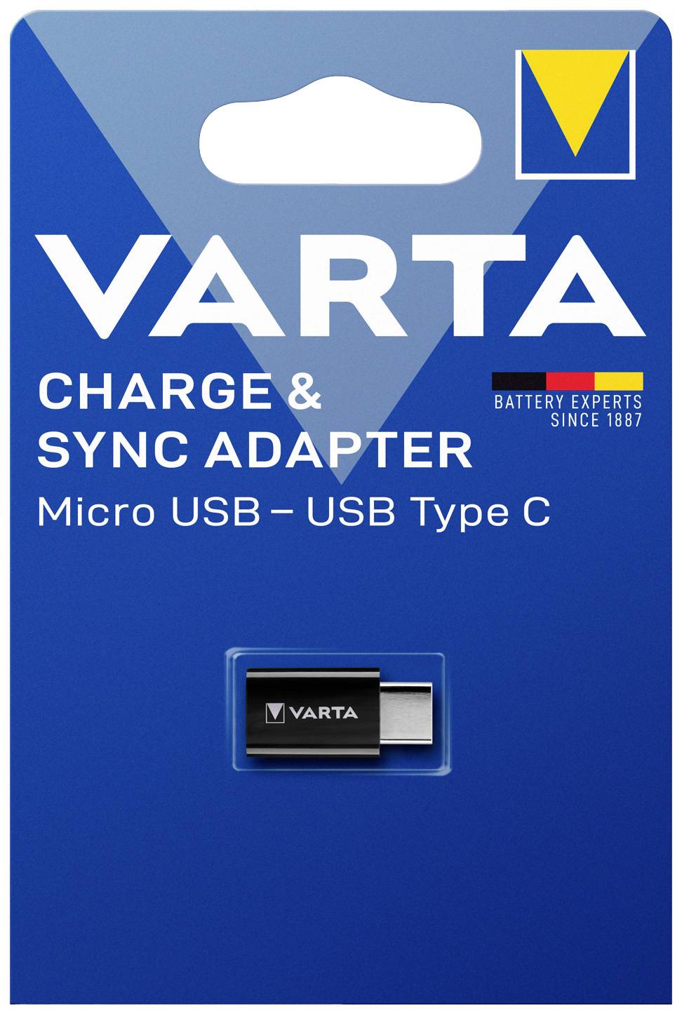 'VARTA Charge & Sync Adapter' Verpackung mit Micro USB zu USB Typ C Adapter, Marke VARTA, blaue Hintergrundfarbe.