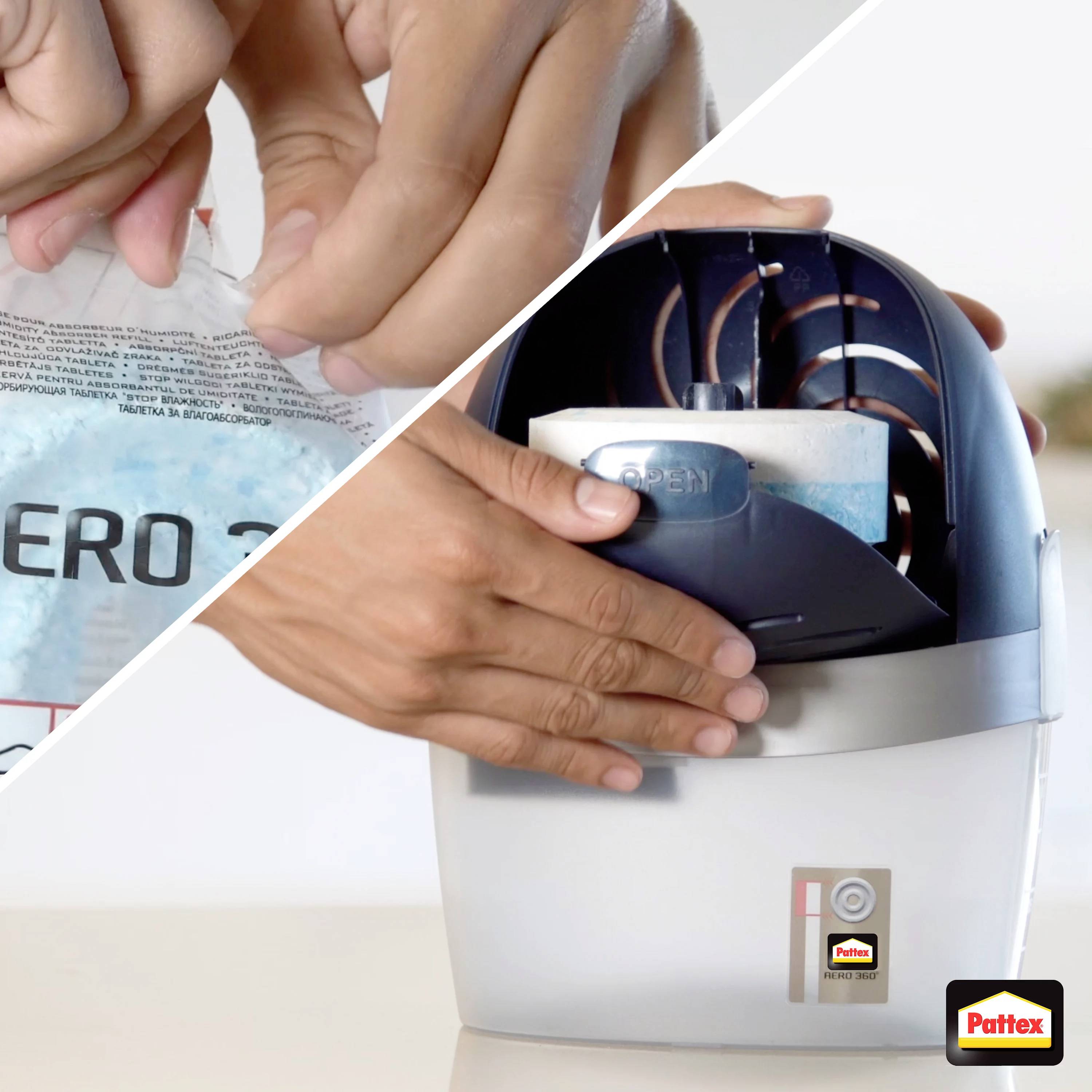 Zwei Bildausschnitte: Oben links öffnet jemand eine verpackte Luftentfeuchtertüte. Unten rechts wird die Tüte in einen Luftentfeuchter eingesetzt.
