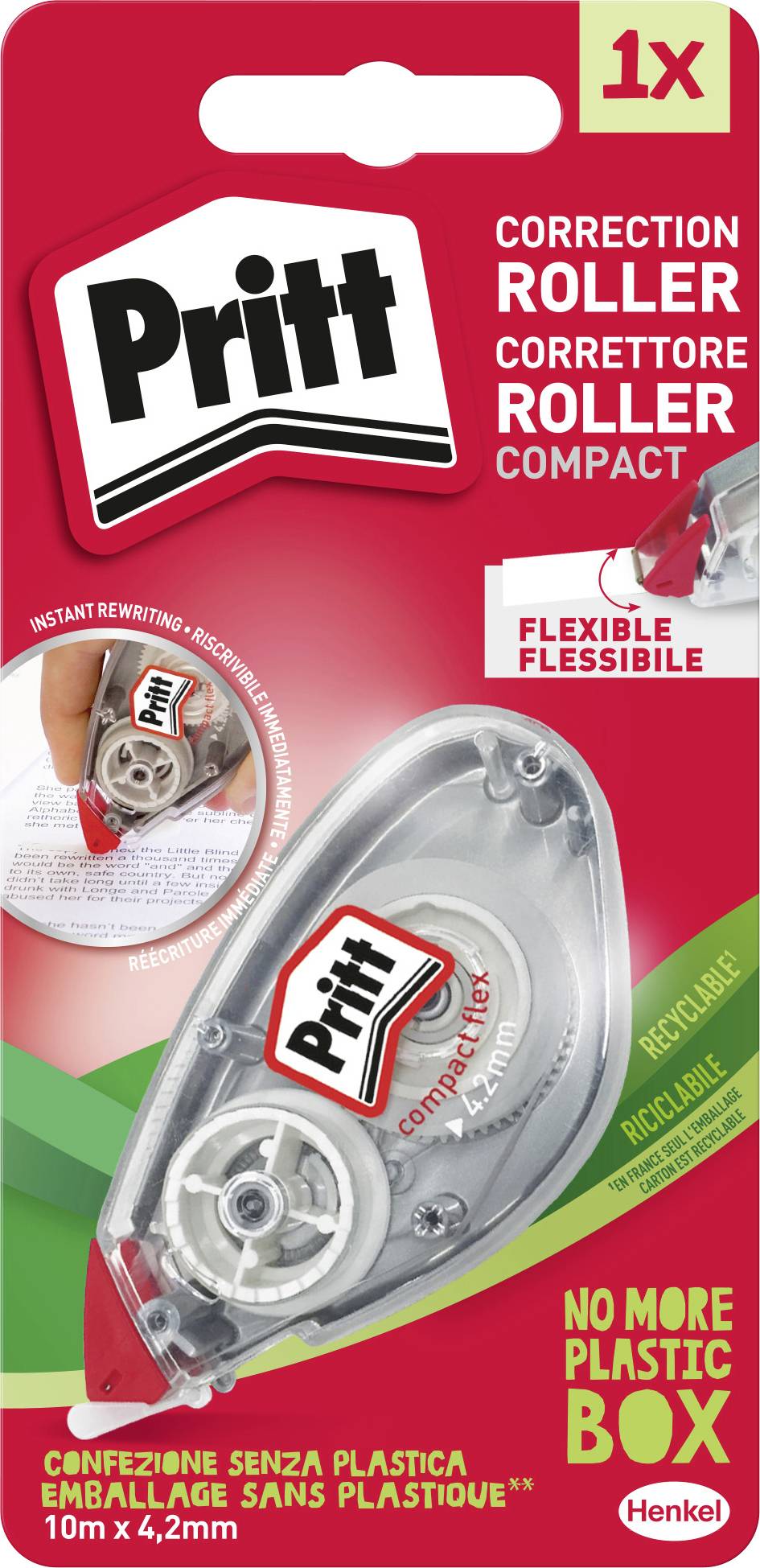 Verpackung eines 'Pritt' Korrekturrollers mit den Texten 'Flexibel', 'Keine Plastikbox mehr' und 'Recyceln'. Zeigt Produktdesign mit rot-grünem Farbschema.
