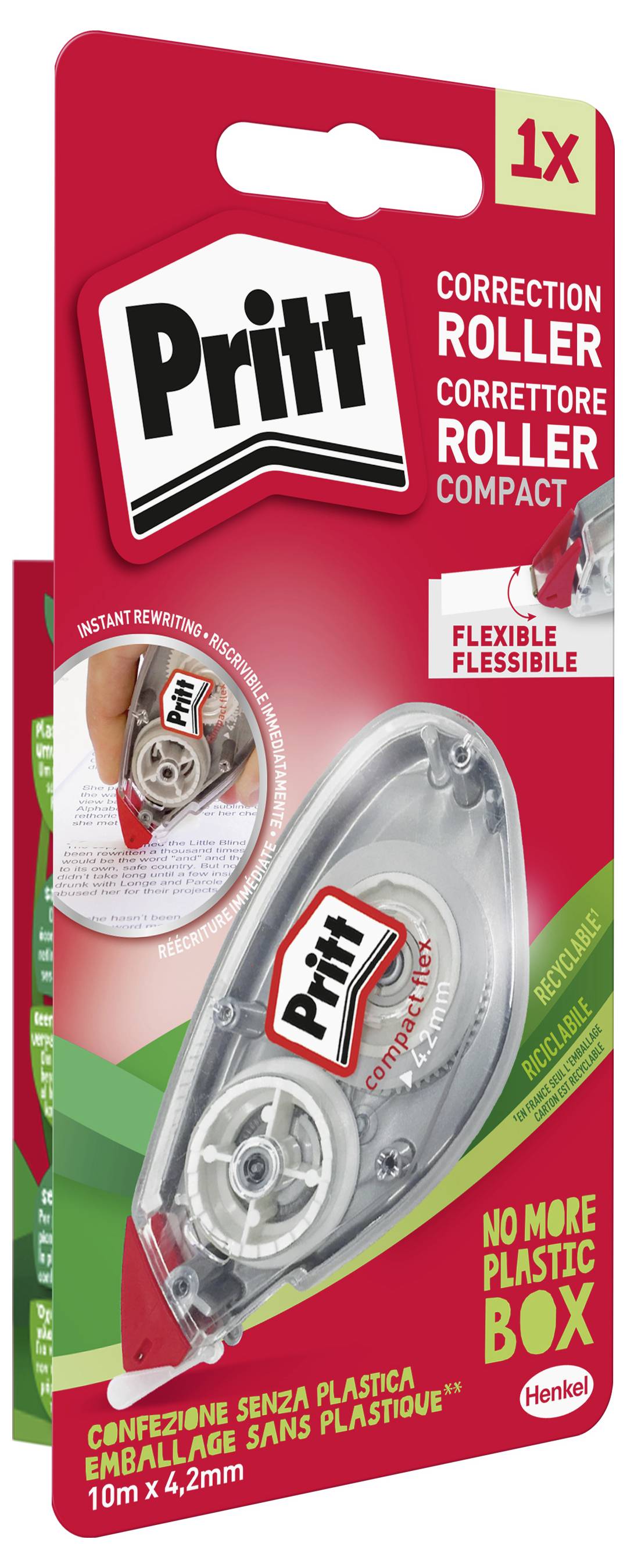 Pritt Korrekturroller in umweltfreundlicher Verpackung, mit Hervorhebung von 'keine Plastikbox mehr' und 'flexiblem' Design.