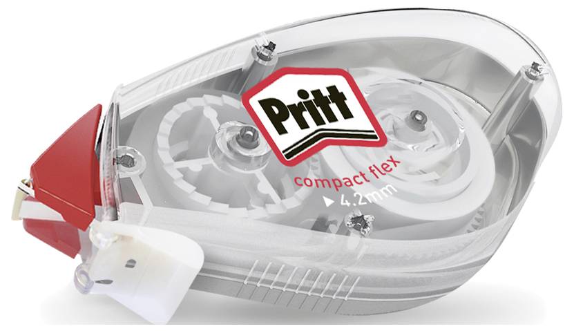 Korrekturband-Spender mit transparentem Gehäuse, bei dem die inneren Zahnräder und Mechanismen sichtbar sind. Das Etikett trägt die Aufschrift 'Pritt compact flex 4.2mm.'