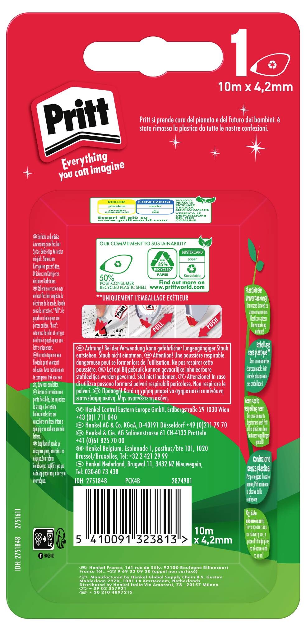 Verpackung für Pritt Korrekturband. Roter Hintergrund mit Baumdesign. Enthält Produktdetails, Anweisungen in mehreren Sprachen und Barcode.