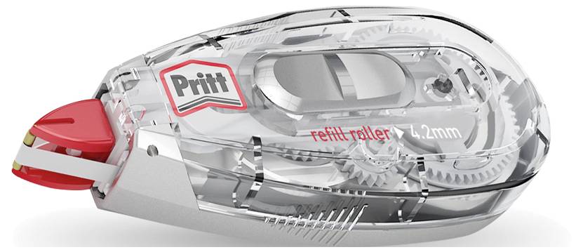 Ein transparenter Korrekturband-Spender von 'Pritt' mit sichtbaren Innengetrieben, 4,2 mm Breite und einem roten Bandauftragsmechanismus.