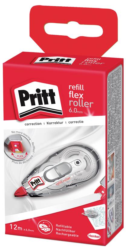 'Pritt Nachfüllbarer Flex-Roller 6,0 mm' Korrekturband-Verpackung mit einem rot-weißen Design und Schlüsselinformationen in Englisch und anderen Sprachen.