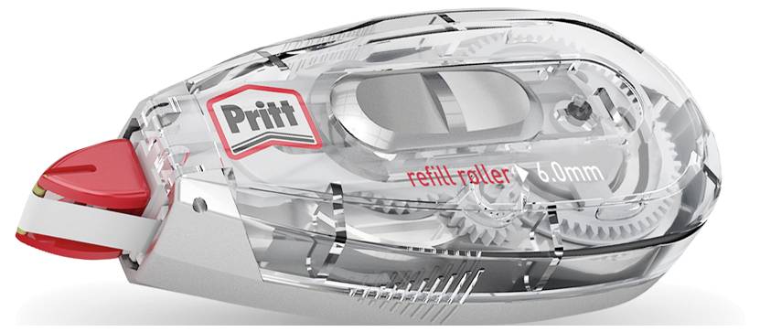 Ein transparenter Pritt Nachfüllroller mit sichtbaren Zahnrädern, beschriftet mit 'Nachfüllroller 6,0 mm', mit roter Auftragsspitze.