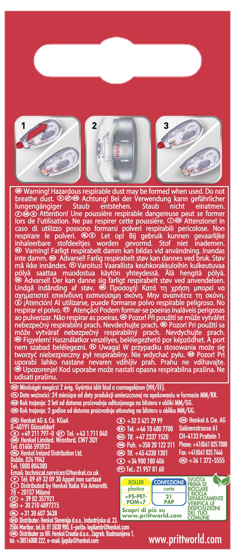 Pritt-Korrekturroller-Nachfüllpackung mit Gebrauchsanweisung, Diagrammen und Warnhinweisen in mehreren Sprachen auf der Rückseite.