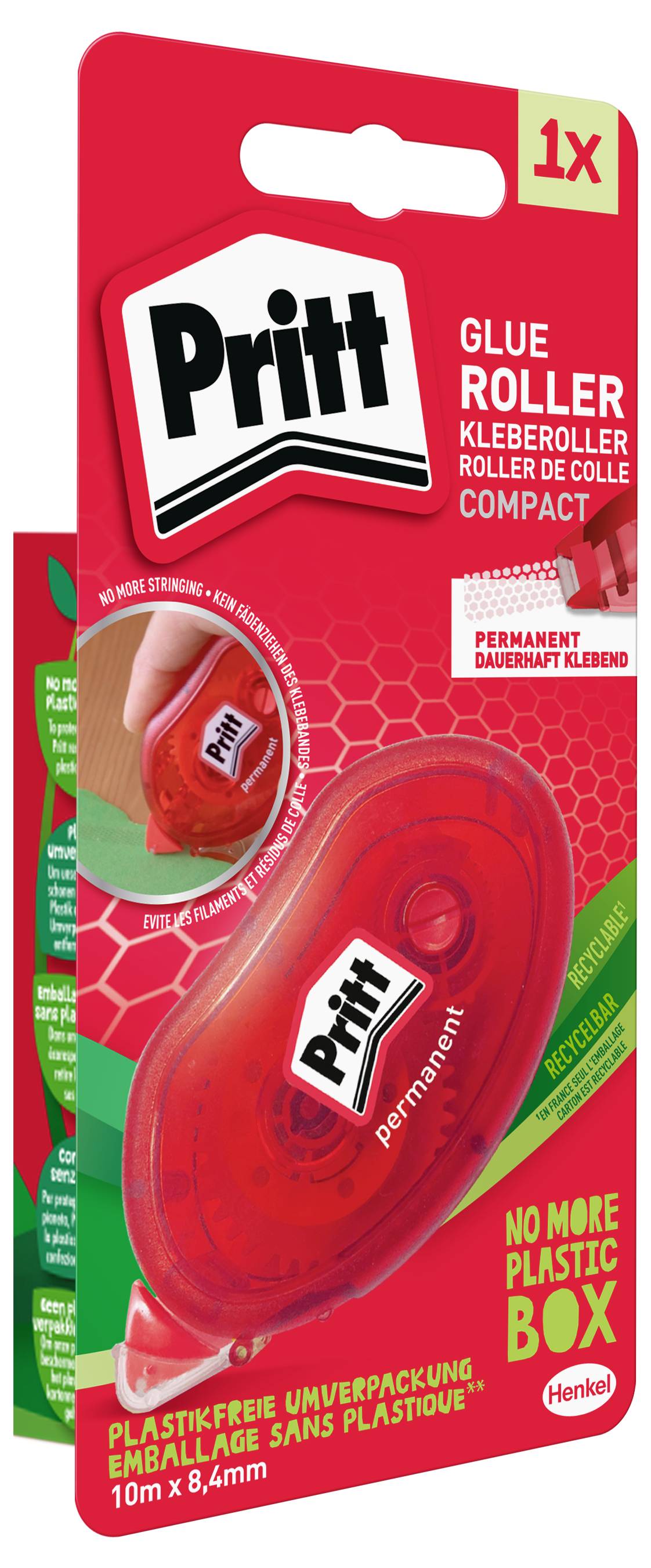 Eine rote Pritt-Kleberollerverpackung mit dem Aufdruck 'permanent' auf dem Produkt und 'keine Plastikbox mehr' auf der Verpackung.