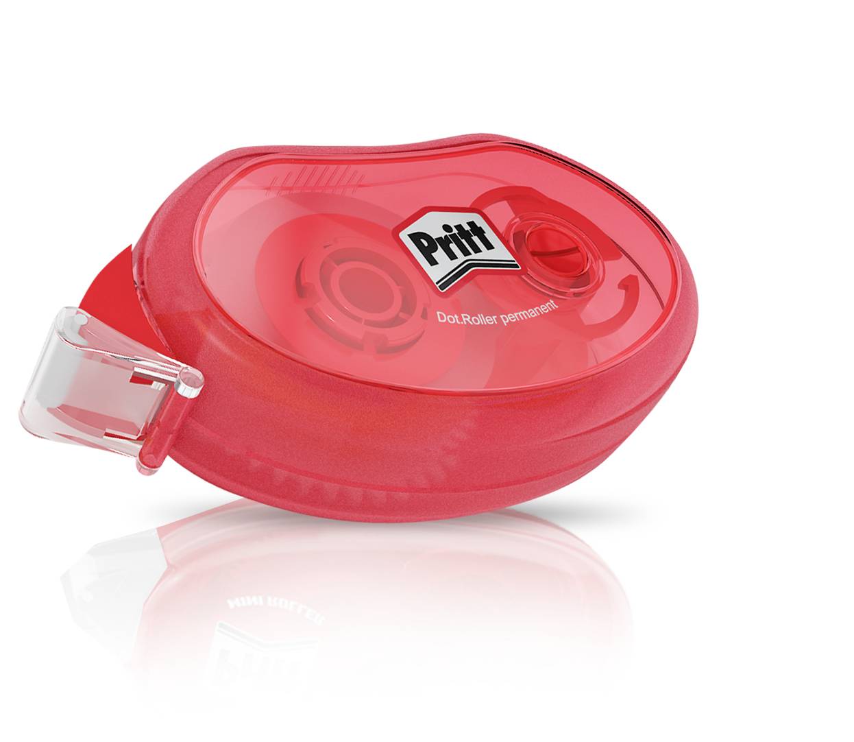 Ein roter Korrekturband-Spender der Marke 'Pritt', konzipiert für permanente Klebenanwendung, mit transparentem Seitendeckel.