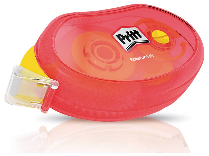 Roter Klebebandabroller mit transparenter Abdeckung, beschriftet mit 'Pritt.'