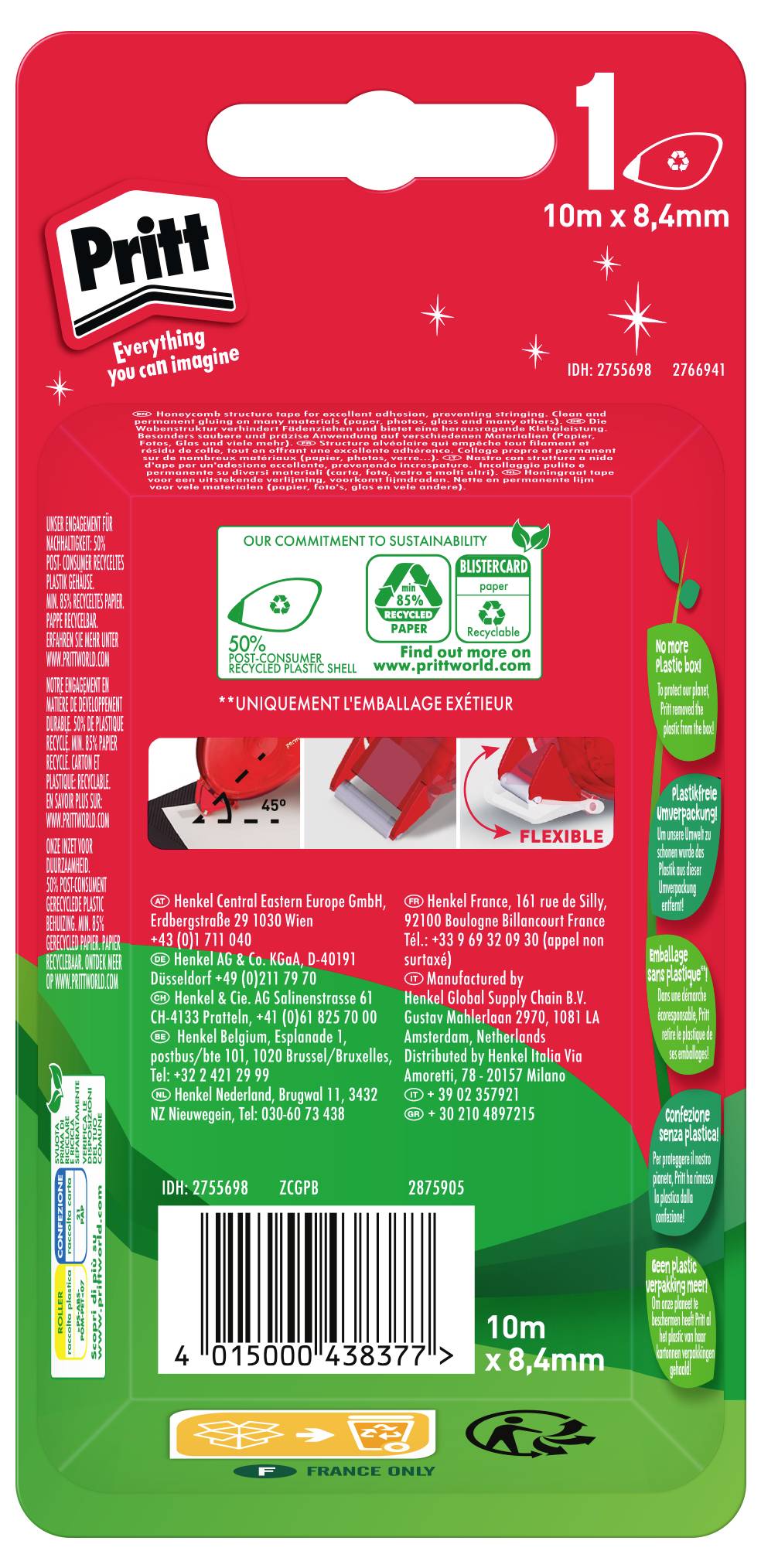 Rückseite einer Pritt-Klebestift-Verpackung mit Produktdetails, Nachhaltigkeitsverpflichtung, Gebrauchsanweisung und Abmessungen: 10m x 8,4mm.