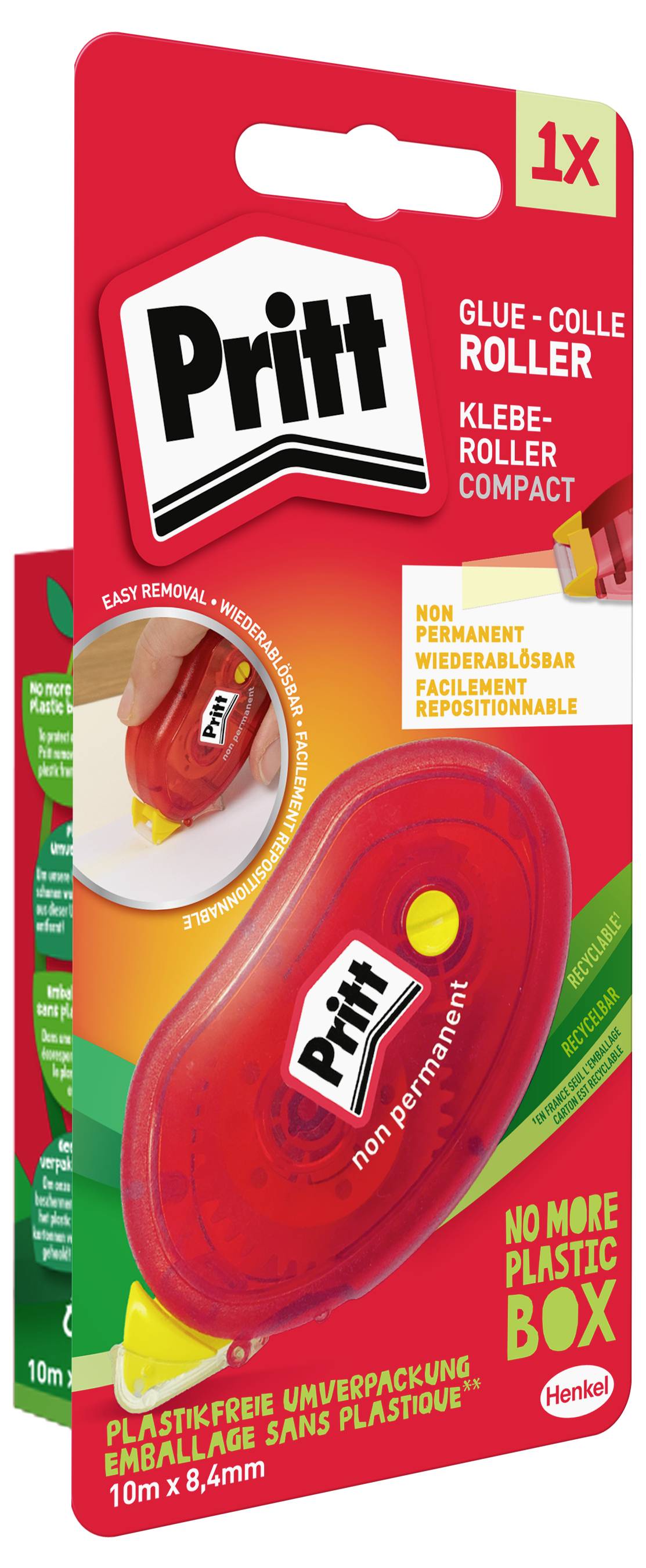 Rote Verpackung eines Pritt-Kleberollers, gekennzeichnet als 'nicht permanent' mit 'einfach zu entfernen'. Es wird erwähnt 'kein Plastikbehälter mehr' und die Maße betragen 10m x 8,4mm.