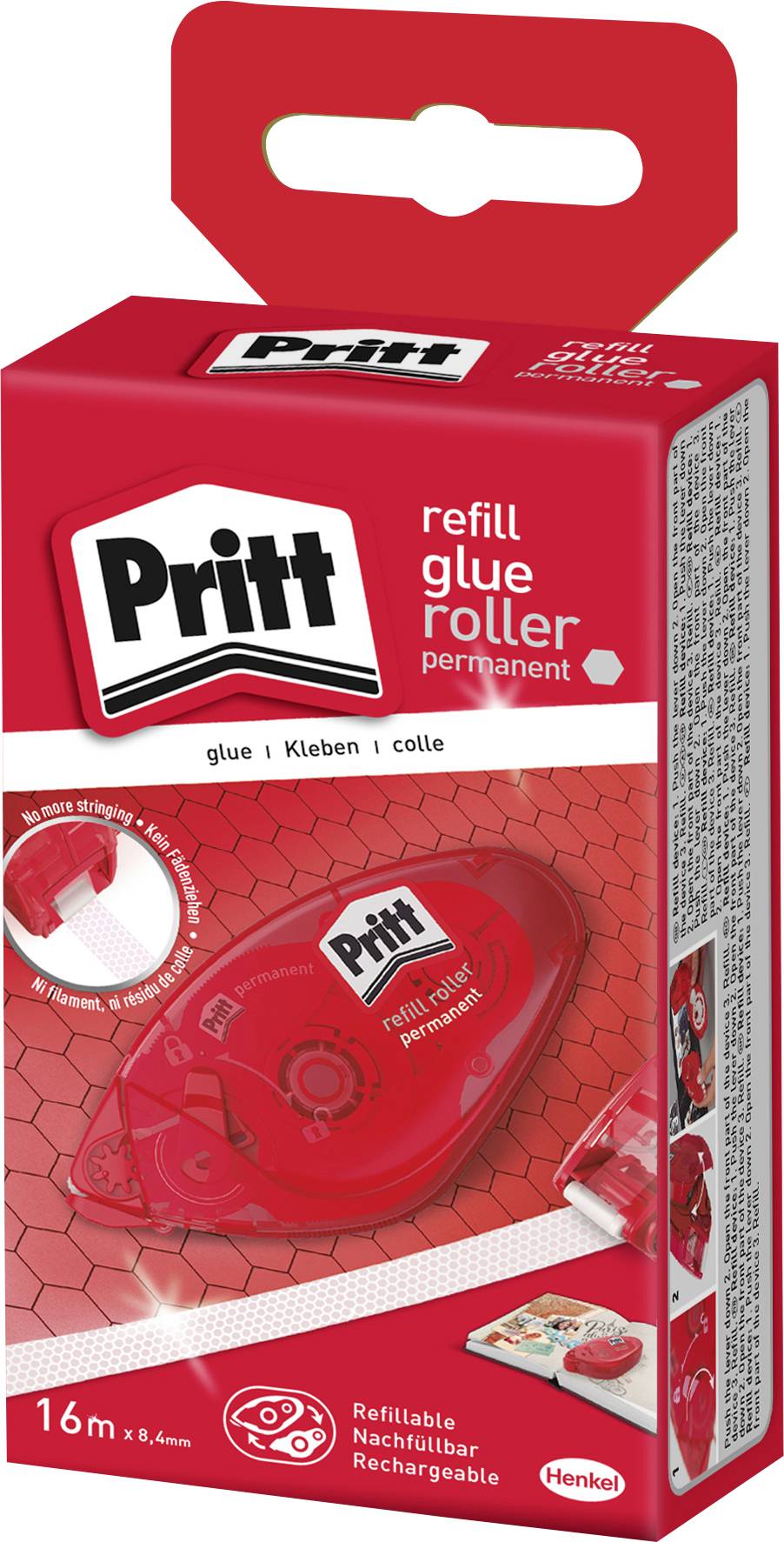 Rote Verpackung einer Pritt-Nachfüllkleberrolle. Zeigt das Produktbild und hebt Merkmale wie permanenten Klebstoff und nachfüllbares Design hervor.