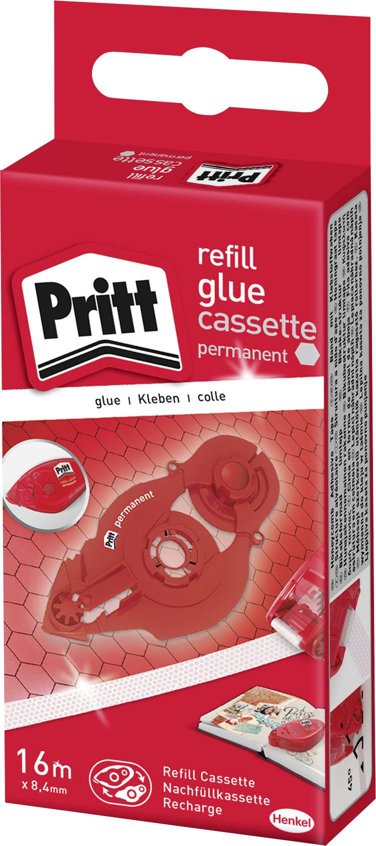 Pritt Nachfüll-Klebekassette Schachtel in rot. Zeigt Klebekassette, Text 'glue ǀ Kleben ǀ colle', geeignet für dauerhafte Verklebung.