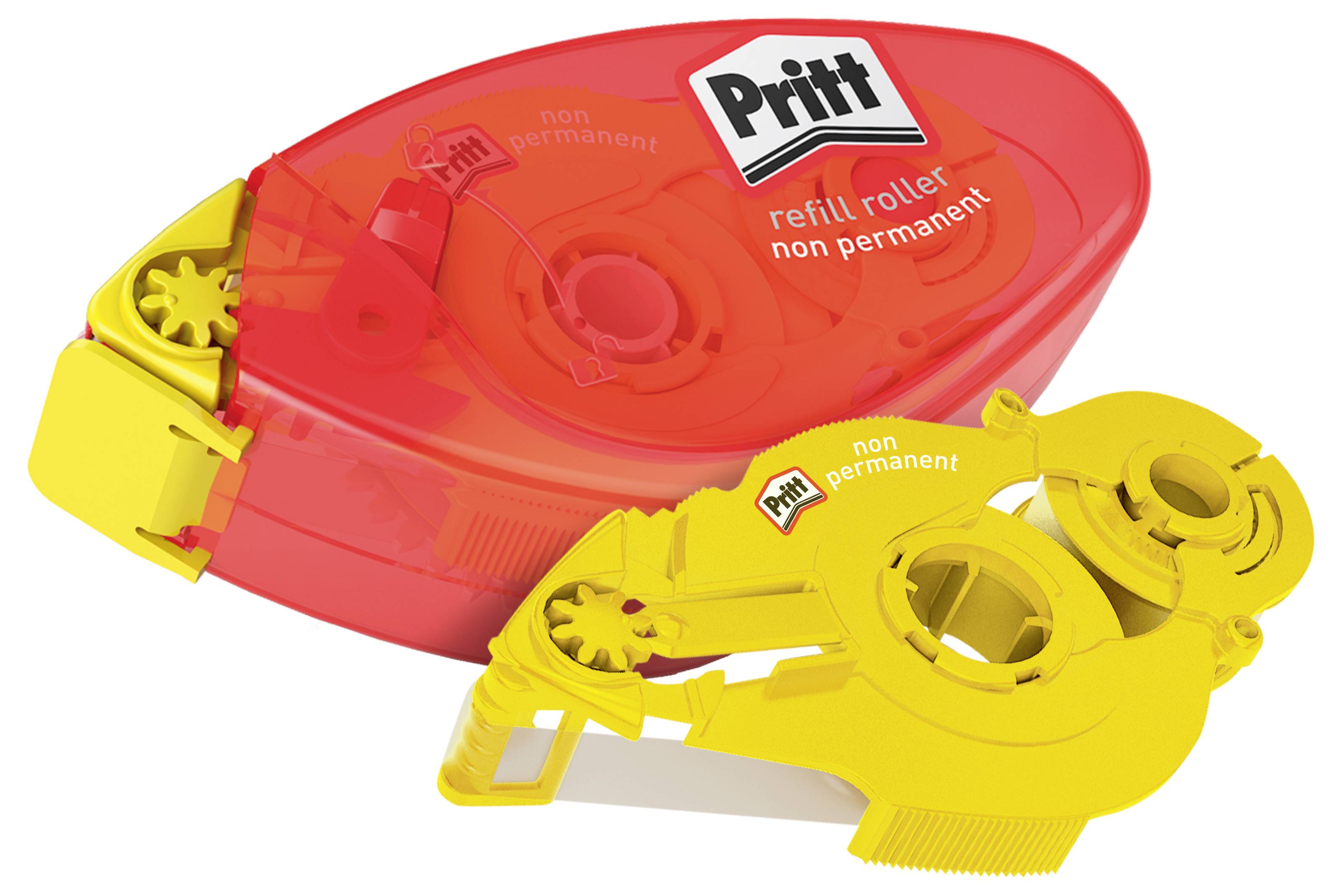 Roter und gelber Pritt-Nachfüllroller für nicht-permanente Klebeanwendungen, der den Mechanismus und die Markenidentität auf der Verpackung zeigt.