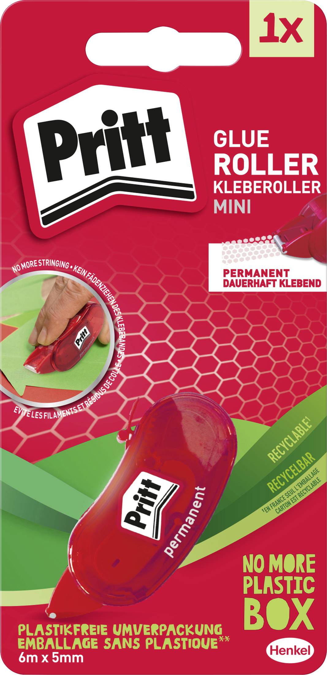 'Pritt' Kleberoller-Verpackung, mit Text 'Permanent', 'Recycelbar', 'Keine Plastikbox mehr'. Rotes Roller-Bild auf grünem Hintergrund.