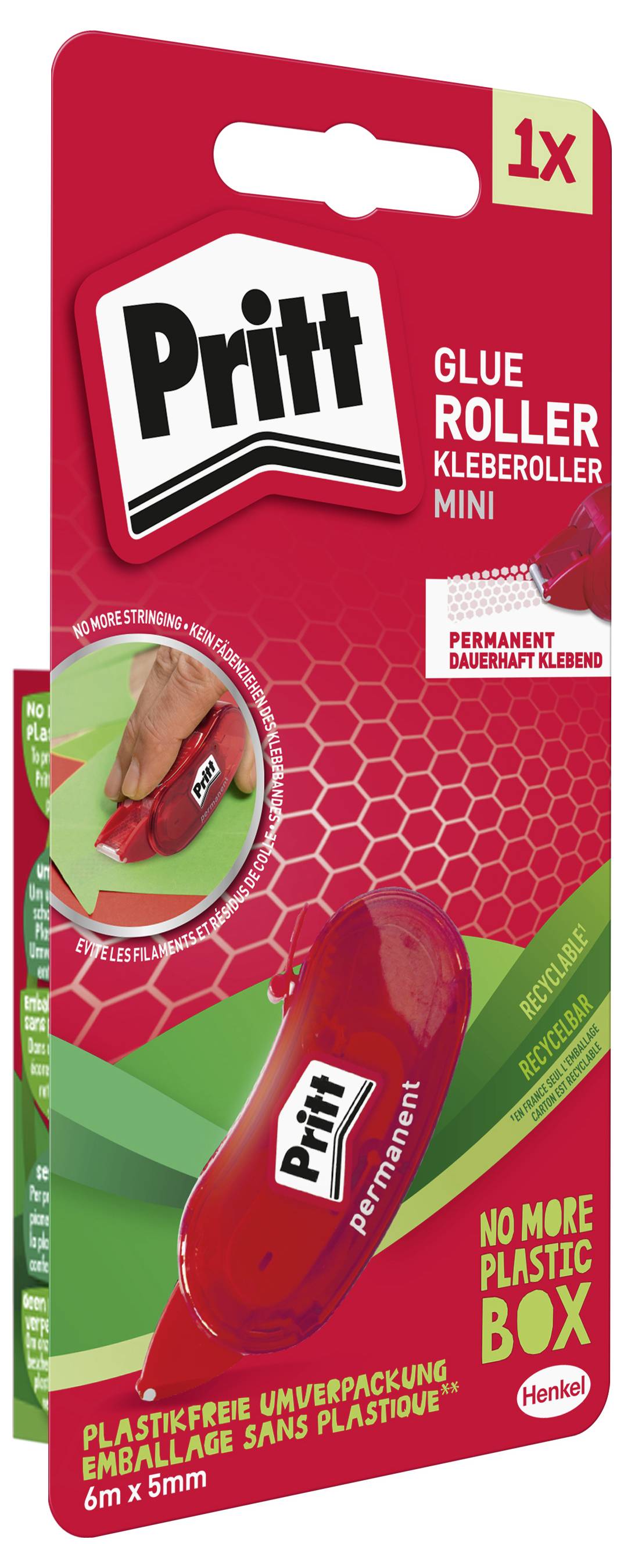 Ein rotes Paket mit einem Pritt Kleberoller Mini, versehen mit einer Hinweis auf plastikfreie Verpackung und Produktdetails.