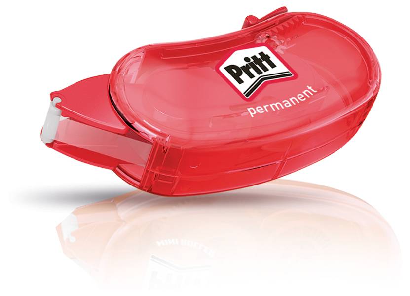 Roter Pritt Permanent-Klebroller, ovale Form mit einem weiß-roten Logo. Zur präzisen Verklebung verwendet.