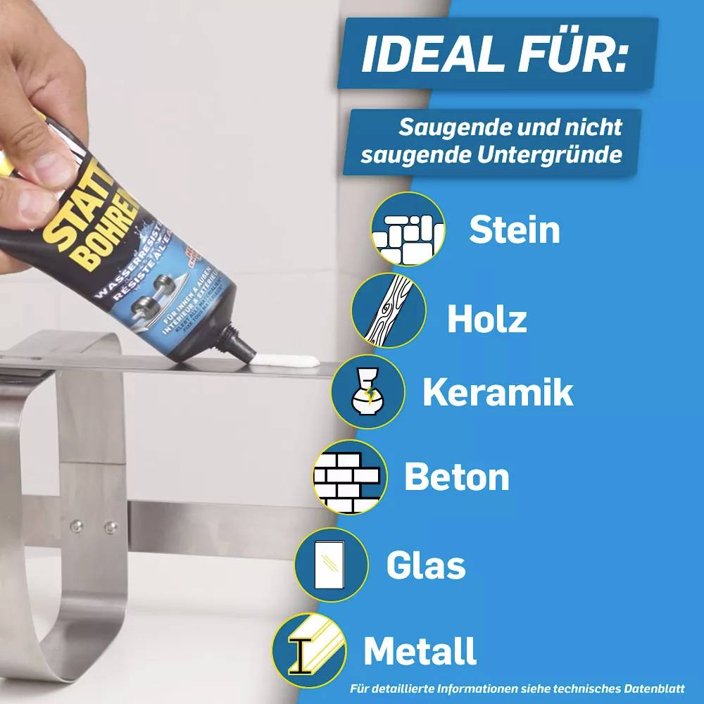 Eine Person drückt Paste aus einer Tube auf einen Spachtel. Text beschreibt Klebstoff für Stein, Holz, Keramik, Beton, Glas, Metall.