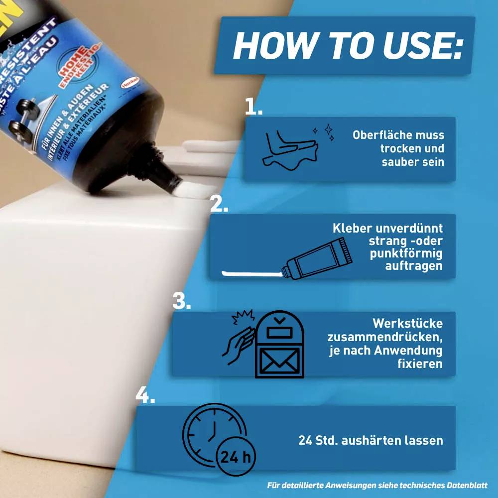 Ein Produkt wird verdünnt oder punktförmig aufgetragen, um zwei zu verbindende Teile zu bekleben. Die Aushärtung dauert 24 Stunden.