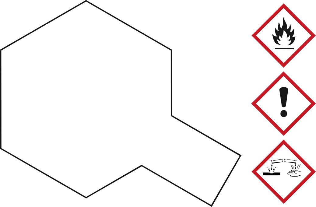 Bild von drei Gefahrenpiktogrammen: Flamme (brennbar), Ausrufezeichen (Vorsicht), chemische Flüssigkeit auf Hand (ätzend).