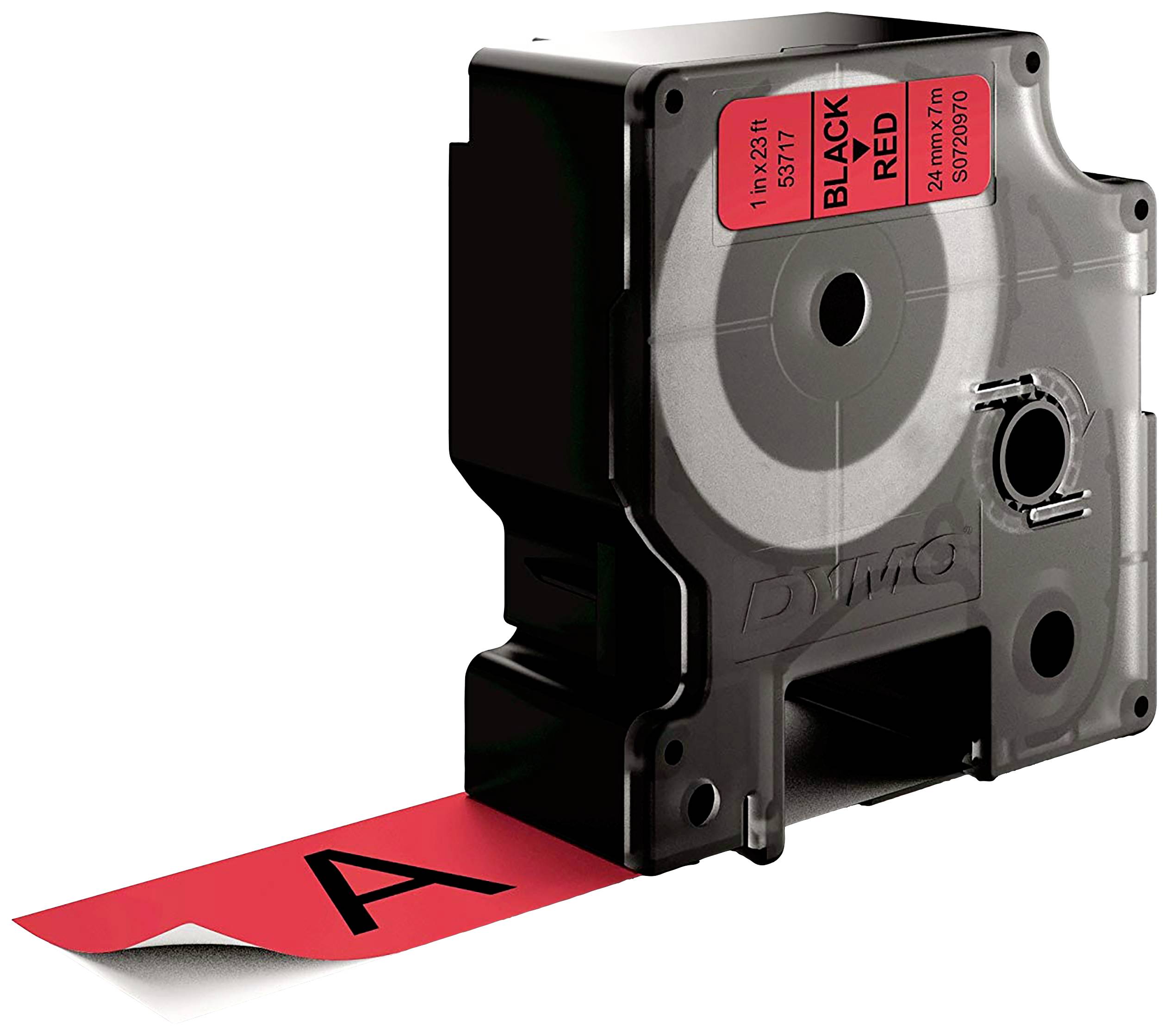 Eine schwarze Kartusche mit rotem Etikettenband, darauf steht 'A'. Auf dem Etikett der Kartusche steht 'BLACK/RED', mit weiteren Details.