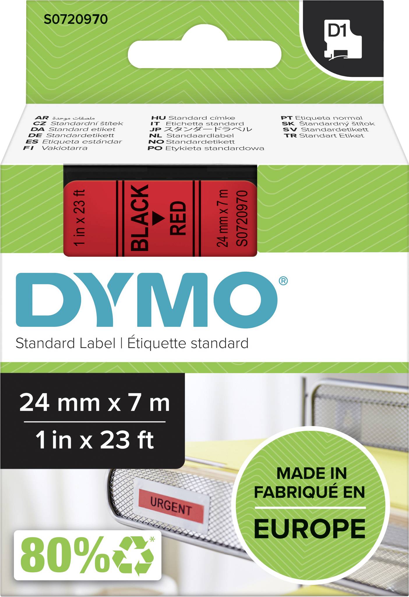 'DYMO'-Etikett in schwarz und rot, 24 mm x 7 m. Text: 'MADE IN FABRIQUE EN EUROPE', '80%'. Verpackung zeigt farbige Beispiele.