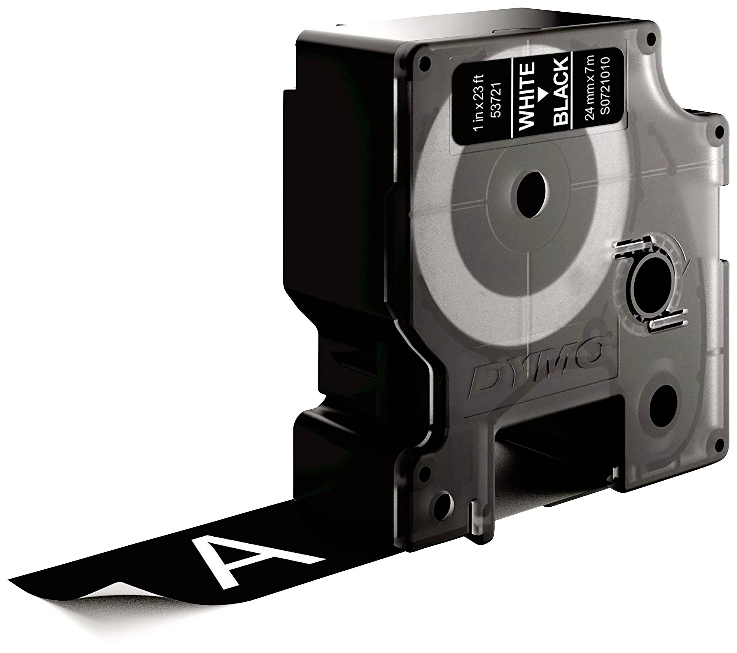 Eine schwarze Etikettenkassette mit der Aufschrift 'WHITE BLACK'. Ein ausgeschnittenes schwarzes Etikett mit weißem Buchstaben 'A' ist sichtbar.
