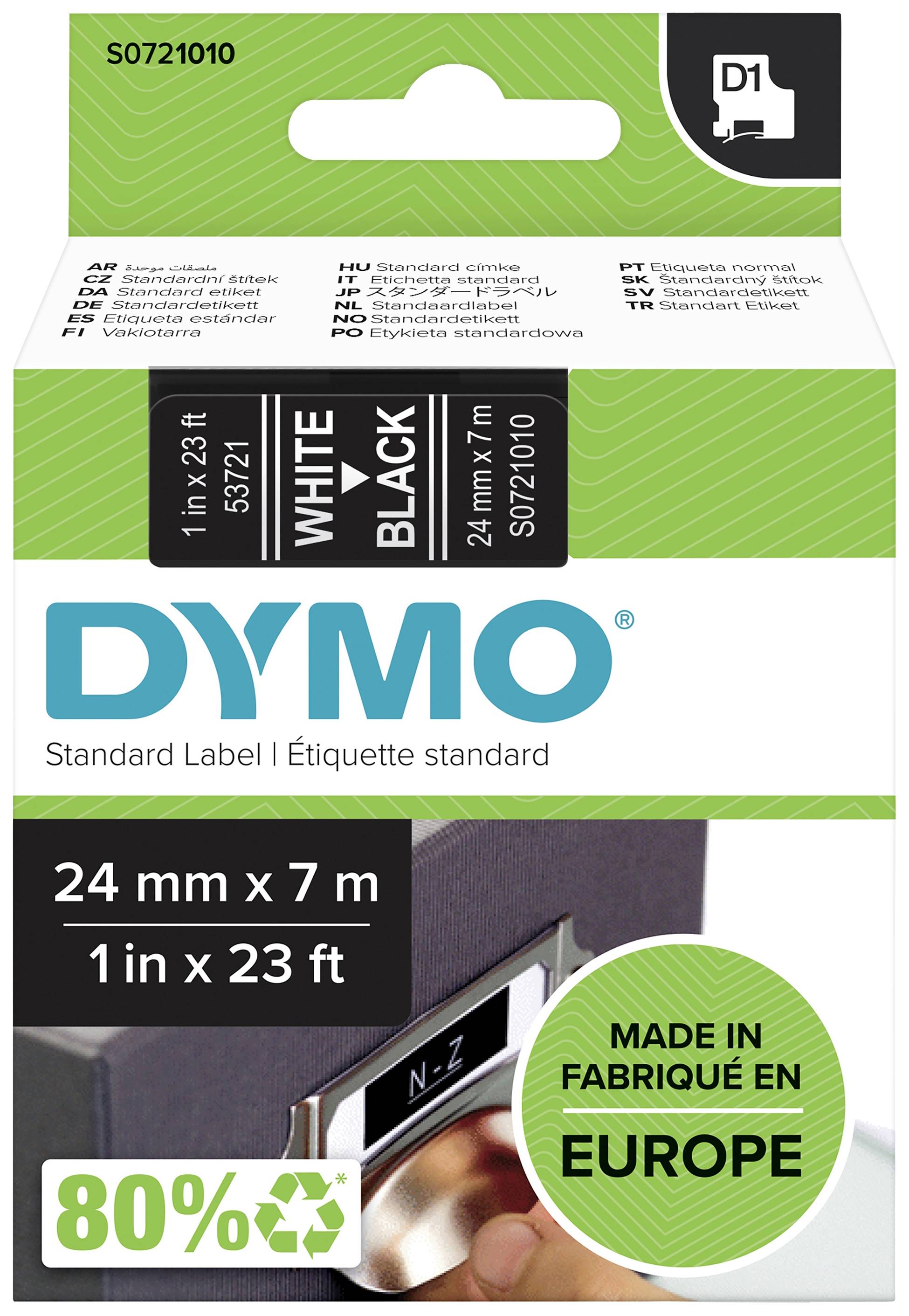 Dymo-Etikettenverpackung: 24 mm x 7 m, schwarze Schrift auf weißem Hintergrund, hergestellt in Europa, 80% recycelte Materialien.