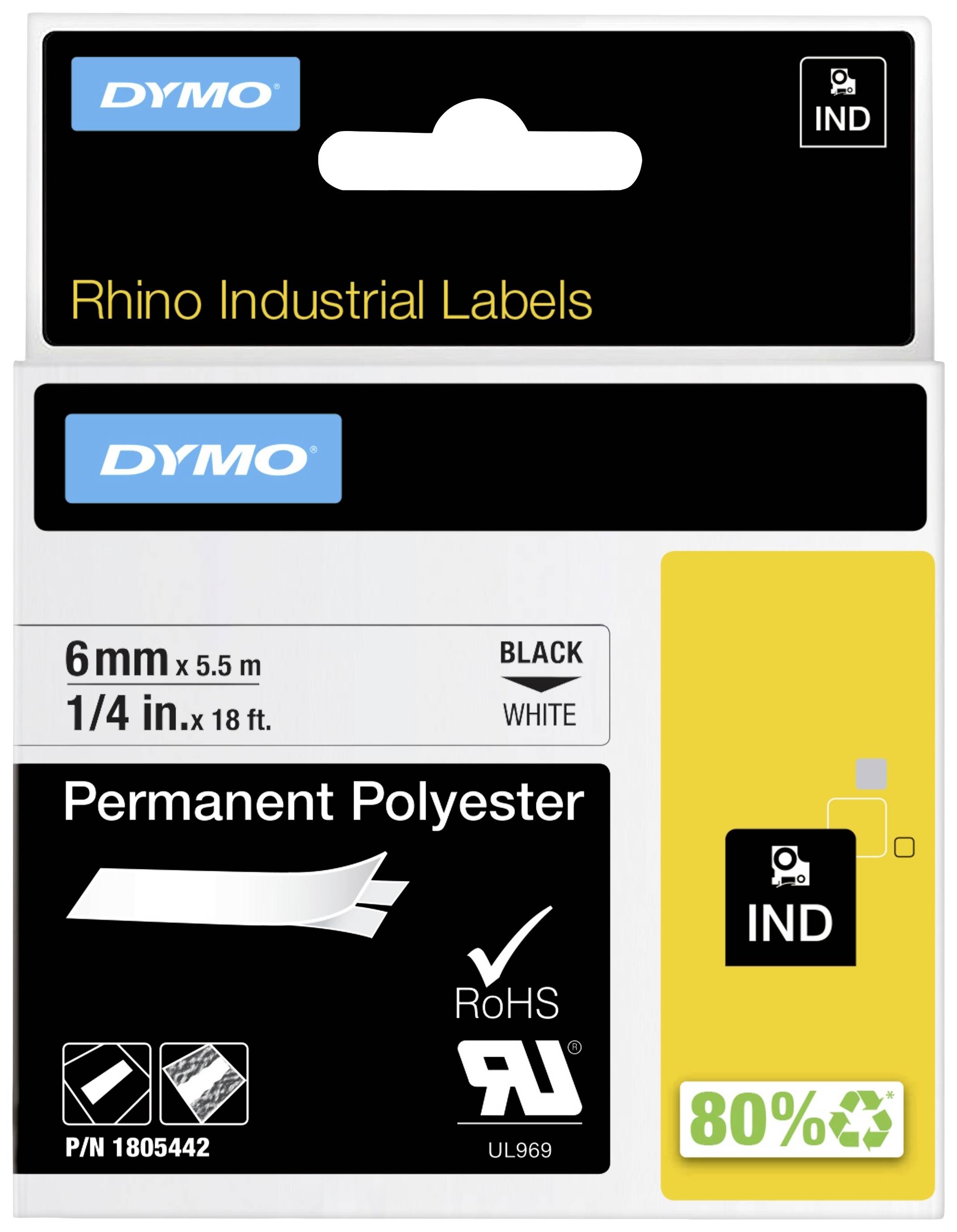 'Rhino Industrial Labels' von Dymo. Schwarze Schrift auf weißem Hintergrund. Polyesterband, 6mm x 5,5m. Für industrielle Zwecke.