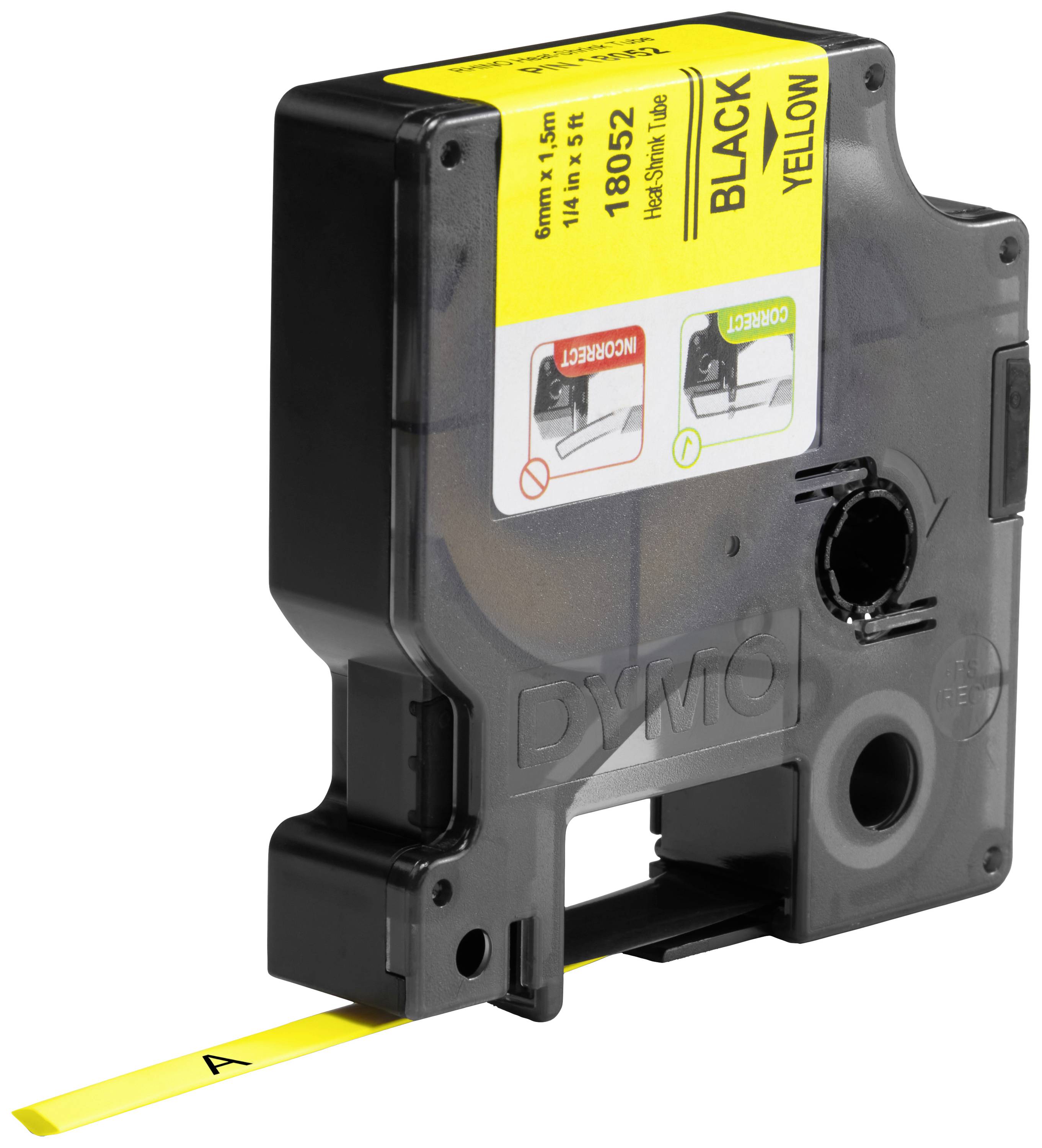 Eine schwarze Etikettenkassette mit gelbem Etikettband, beschriftet mit 'BLACK YELLOW', zeigt den Wechselmechanismus.