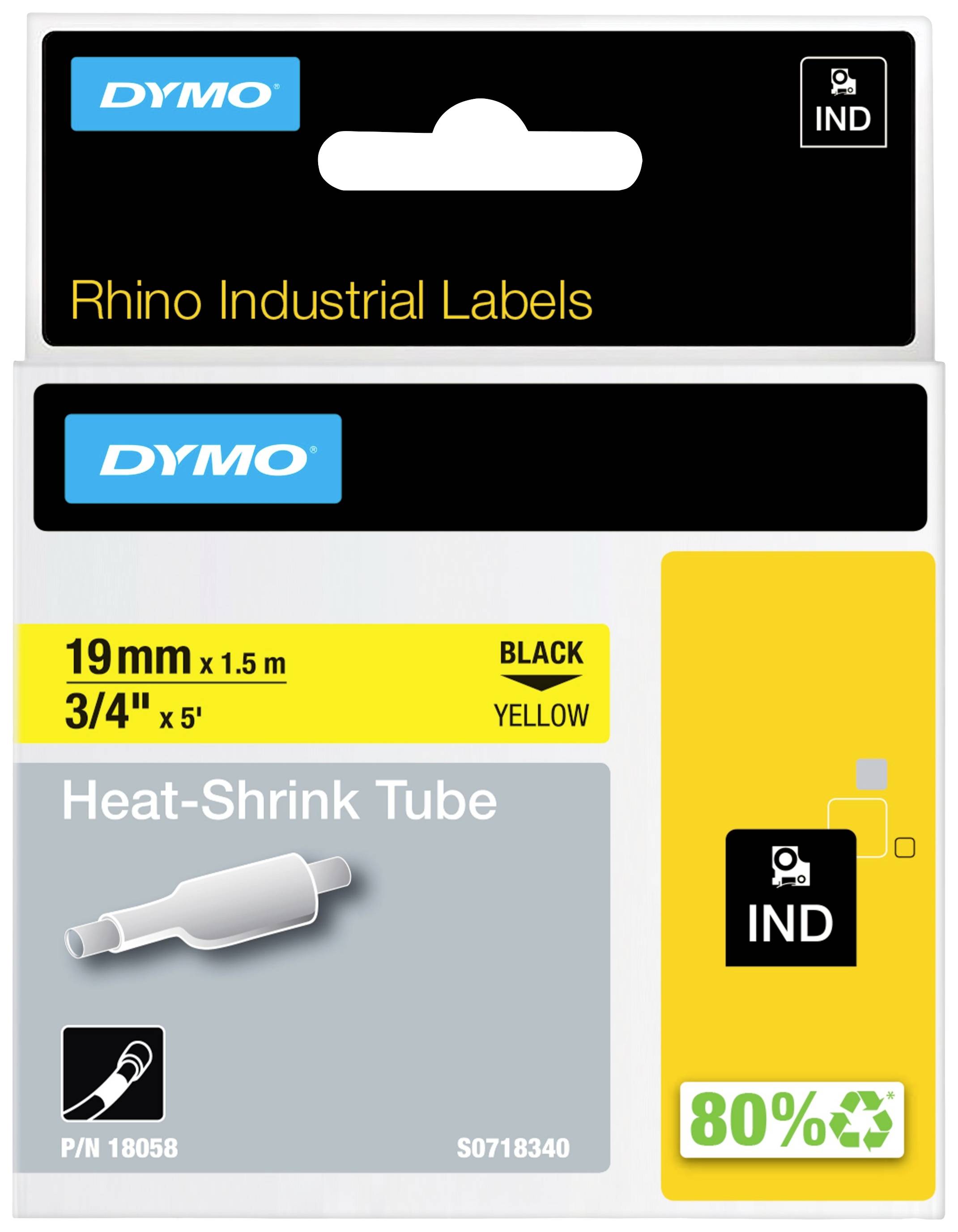 'Rhino Industrial Labels' Verpackung; enthält schwarzen Schrumpfschlauch (19mm x 1,5m) und gelbe Etiketten (3/4